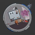 Colorful Cartoon Scene With Round Platform Buildings Basketball Hoop Pink Tree And Small Car
