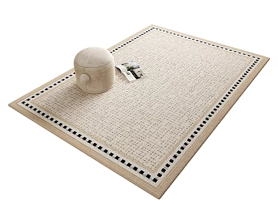 Textured Beige Square Rug with Black Square Border and Circular Cushion with Book on Top for Home 3d model