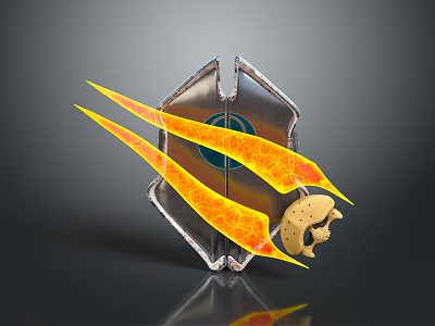 Silver Shield Weapon With Blue Circular Emblem Yellow And Orange Lightning Patterns And Skull 3d model