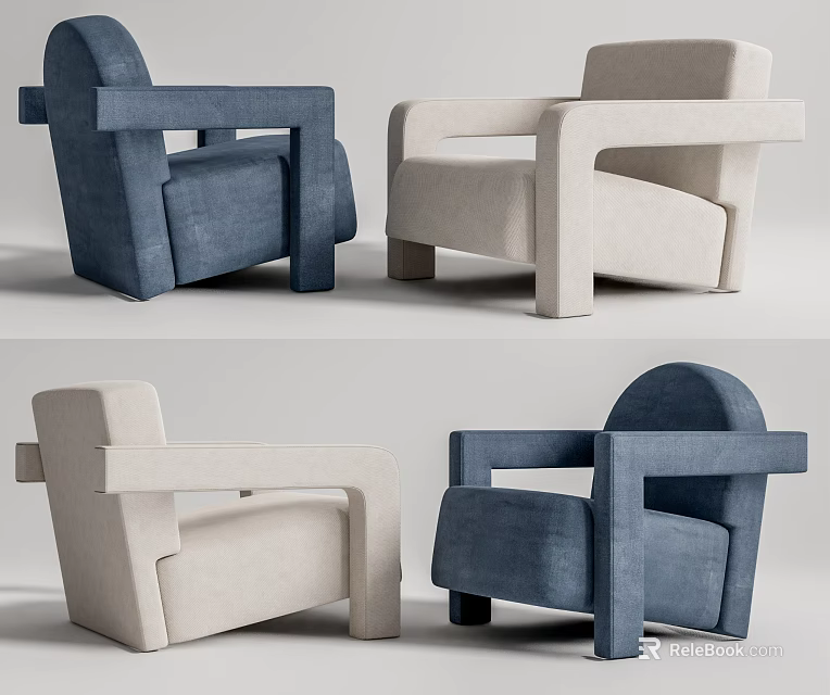 Modern Minimalist Armchair With Blue And Beige Upholstery Square Armrest Design 3d model 