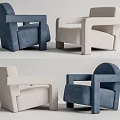 Modern Minimalist Armchair With Blue And Beige Upholstery Square Armrest Design