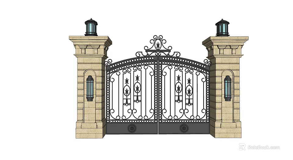 Wrought Iron Entrance Gate With Stone Pillars and Lanterns Featuring Ornate Decorative Patterns 3d model 