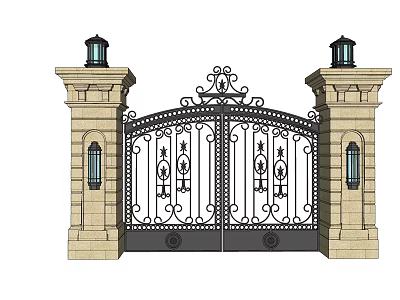 Wrought Iron Entrance Gate With Stone Pillars and Lanterns Featuring Ornate Decorative Patterns 3d model