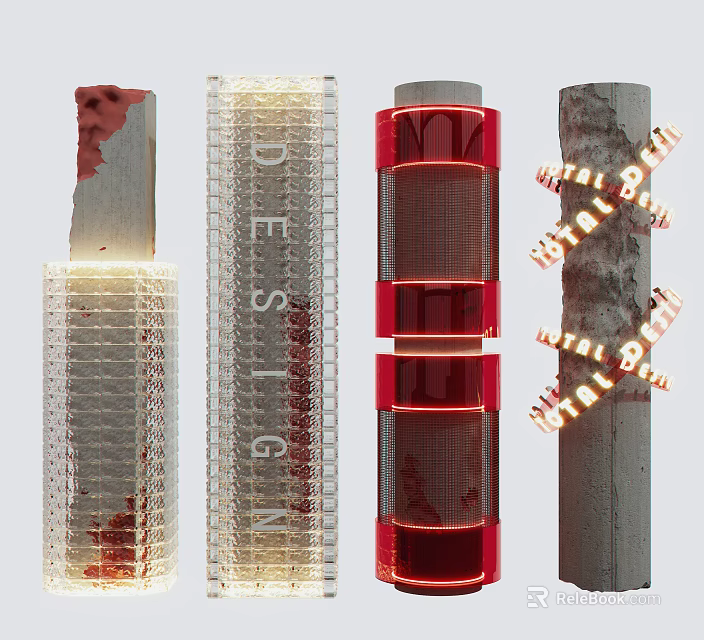 Various Designed Columns with Illuminated Transparent Red Layered and Winter Decorative Elements 3d model 