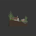 Cartoon Scene With House Red Roof White Walls Greenhouse Small Bridge Pond And Green Trees