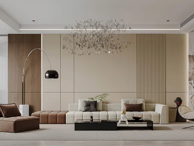 Modern Living Dining Room Interior With Beige Walls Sofa And Crystal Chandelier 3d model