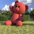 Red Teddy Bear Landscape Sculpture in Green Grass Field with Trees and Blue Sky