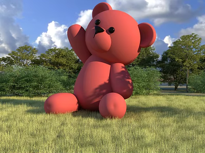 Red Teddy Bear Landscape Sculpture in Green Grass Field with Trees and Blue Sky 3d model
