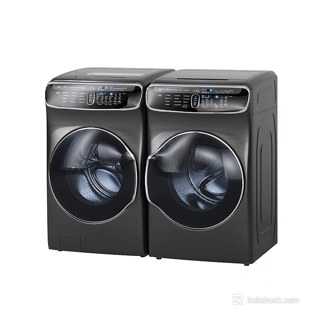 Two Black Modern Front Load Washing Machines with Transparent Door and Digital Control Panel 3d model 