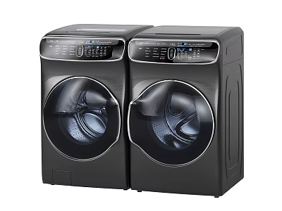 Two Black Modern Front Load Washing Machines with Transparent Door and Digital Control Panel 3d model