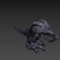 Game Movie Monster Character With Armored Head And Glowing Yellow Eyes Striped Body