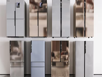 Refrigerators And Freezers Displaying Various Door Designs Sleek Metallic Finishes And Modern Styles 3d model