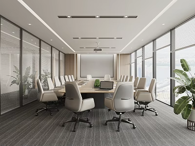 Modern Conference Room Interior With Large Windows Conference Table Ergonomic Chairs And Natural Light 3d model