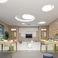 Kindergarten Interior With Wooden Walls Round Ceiling Lights Colorful Stools Bookshelves Windows And Green Plants