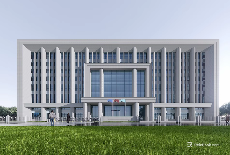 White Office Building Exterior With Classical Columns Large Glass Windows And Front Lawn 3d model 