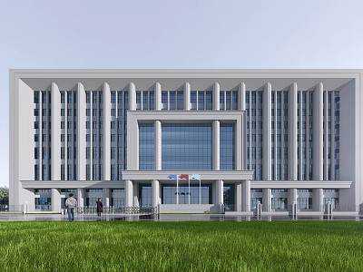 White Office Building Exterior With Classical Columns Large Glass Windows And Front Lawn 3d model
