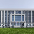 White Office Building Exterior With Classical Columns Large Glass Windows And Front Lawn