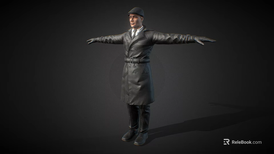 Man In Black Leather Coat With Hat And Arms Outstretched Against Dark Background 3d model 
