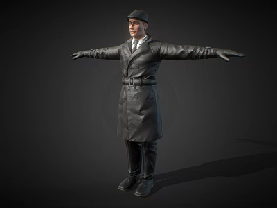 Man In Black Leather Coat With Hat And Arms Outstretched Against Dark Background 3d model