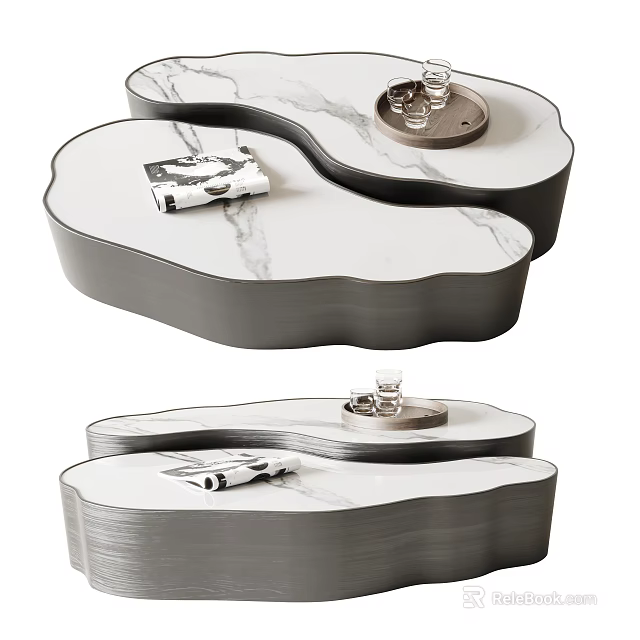 Elegant Modern Coffee Table With Irregular Shape Marble Top Black Base Tray And Magazine 3d model 