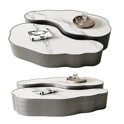 Elegant Modern Coffee Table With Irregular Shape Marble Top Black Base Tray And Magazine 3d model