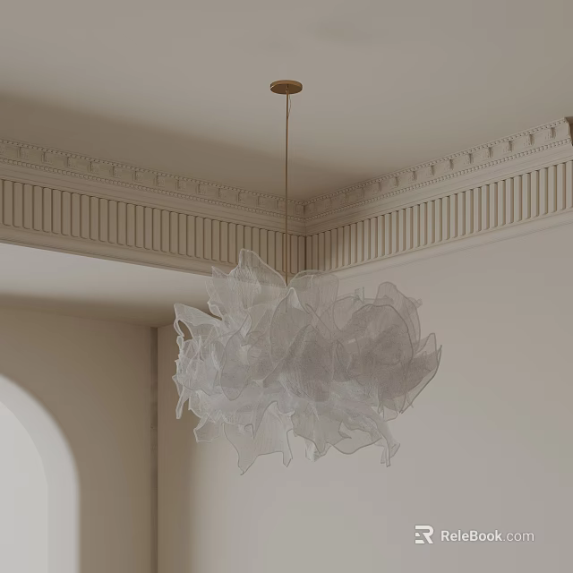 Elegant White Chandelier with Flowy Petal Design in Indoor Space with Decorative Ceiling Moldings 3d model 