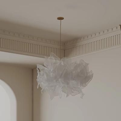 Elegant White Chandelier with Flowy Petal Design in Indoor Space with Decorative Ceiling Moldings 3d model