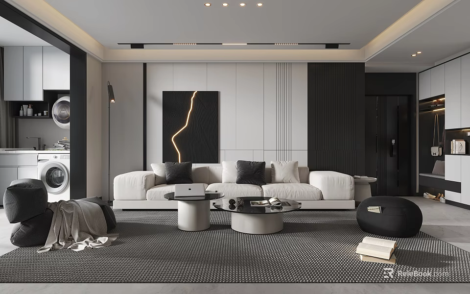 Modern Living and Dining Room Interior Design with Grey Sofa Coffee Table Rug and Artwork 3d model 