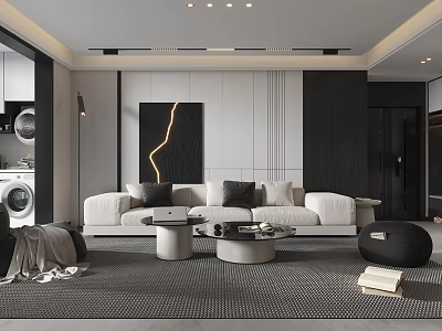 Modern Living and Dining Room Interior Design with Grey Sofa Coffee Table Rug and Artwork 3d model