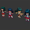 Cartoon Game Movie Characters With Teal Hair Red White Dresses Various Dancing Poses Dark Background