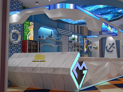 Modern Store Front Desk with Blue White Theme Geometric Design Marble Countertop Lifebuoy Anchor Decor 3d model