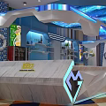Modern Store Front Desk with Blue White Theme Geometric Design Marble Countertop Lifebuoy Anchor Decor