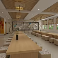 School Meeting Room With Wooden Long Tables Stool Seats Large Projection Screen And Chandeliers