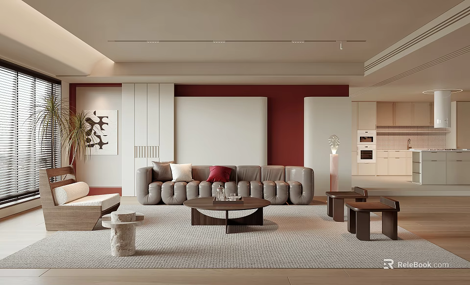 Modern Living Room Interior With Gray Sofa Red Wall And Wooden Coffee Table Rug Plant 3d model 