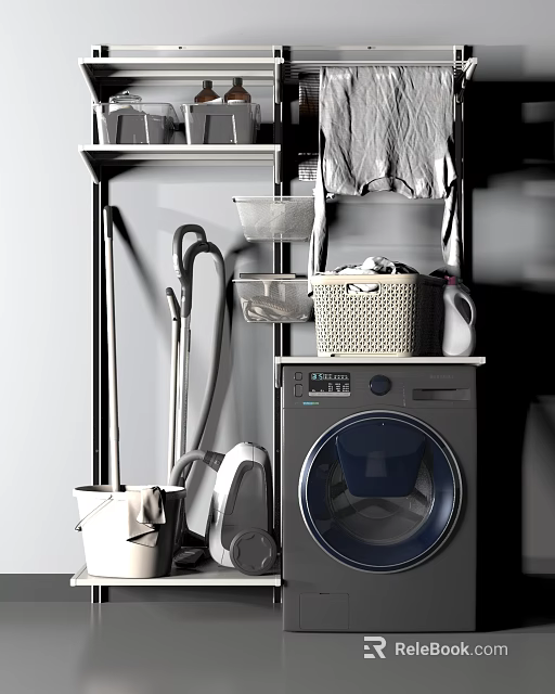 Modern Washing Machine In Laundry Room With Laundry Basket And Vacuum Cleaner 3d model 