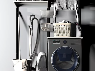 Modern Washing Machine In Laundry Room With Laundry Basket And Vacuum Cleaner 3d model