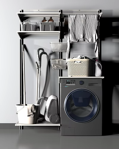 Modern Washing Machine In Laundry Room With Laundry Basket And Vacuum Cleaner 3d model