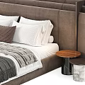 Modern Double Bed Interior With Upholstered Headboard White Bedding And Wooden Nightstands