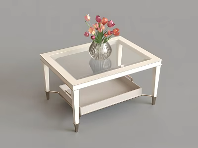 White Frame Glass Top Coffee Table With Lower Shelf And Tulip Vase 3d model