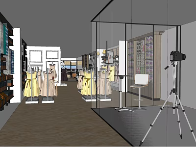 Modern Clothing Store Interior With Dresses On Display Racks And Glass Doors 3d model