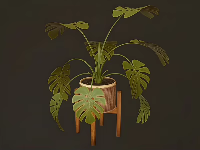 Potted Monstera Plant with Large Green Leaves in Wicker Pot on Wooden Stool 3d model