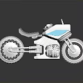 Silver Metallic Modern Motorcycle With Blue Accents Large Wheels And Black Seat