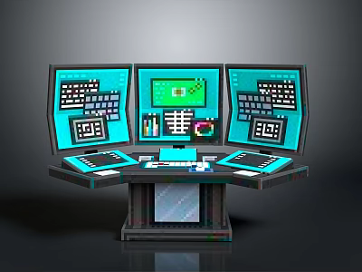 Modern Control Console With Multiple Screens Blue Interface Keyboards And Buttons 3d model