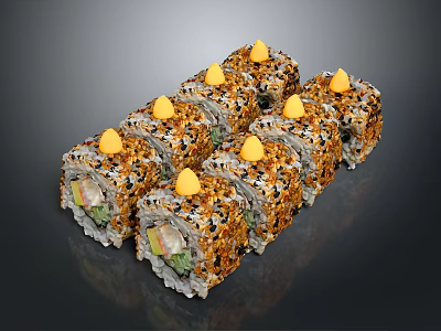 Delicious Sushi Rolls With Yellow Topping Sesame Seeds And Fresh Vegetables 3d model