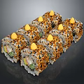 Delicious Sushi Rolls With Yellow Topping Sesame Seeds And Fresh Vegetables
