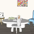 Colorful Kids Table and Chair Set With Round Table Star Pattern Cushion and Blue Chair