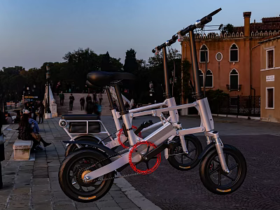 White Folding Electric Motorcycle Parked In Evening Stone Square With Buildings And Pedestrians 3d model