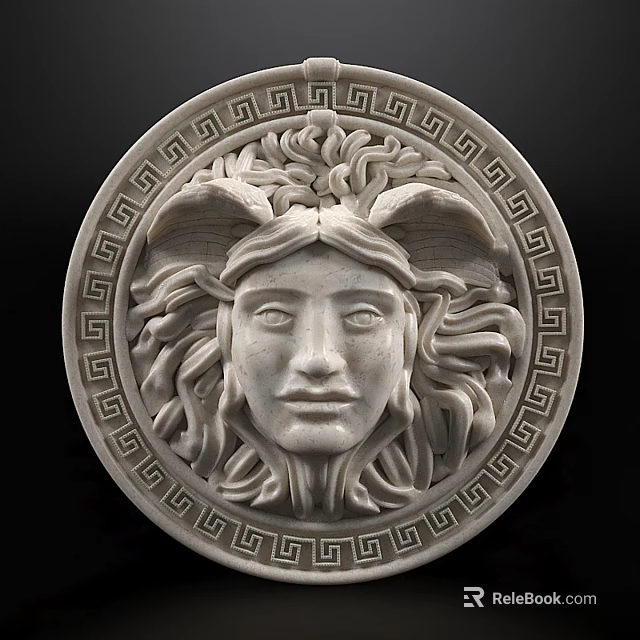 Detailed Classical Circular Sculpture Carving Featuring Horned Head Curly Hair And Ornate Geometric Border 3d model 