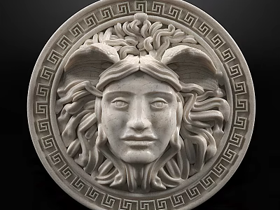 Detailed Classical Circular Sculpture Carving Featuring Horned Head Curly Hair And Ornate Geometric Border 3d model