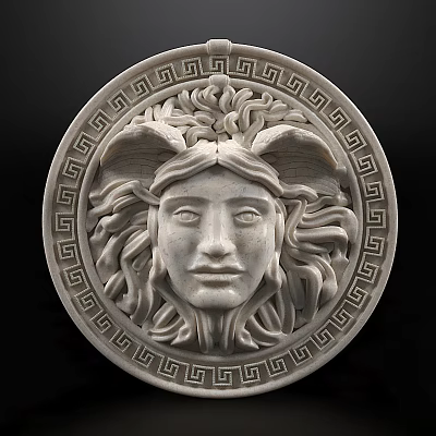 Detailed Classical Circular Sculpture Carving Featuring Horned Head Curly Hair And Ornate Geometric Border 3d model